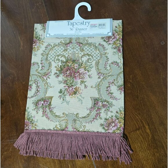 Vtg Bess Home Tapestry Table Runner With Floral Design Fringe 36" Victorian USA - Picture 4 of 8